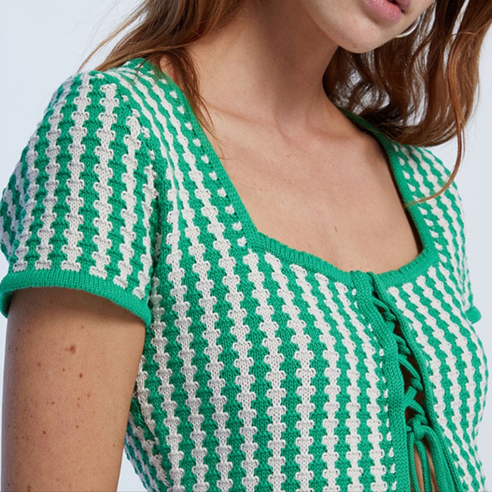 Zara Green and Cream Knit/Crochet Crop Top